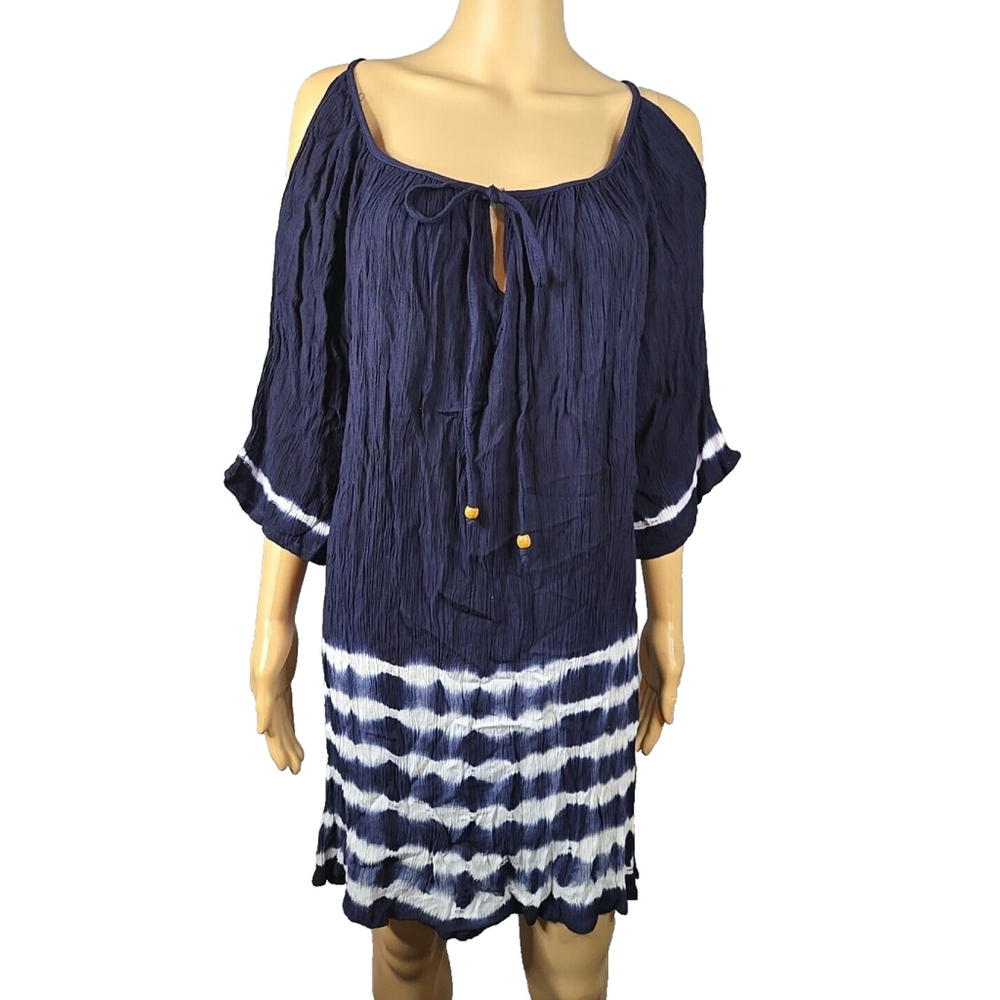 Raviya Women's Blue Tie Dye Cold Shoulder Crinkle Gauze Swim Cover Up Size Med